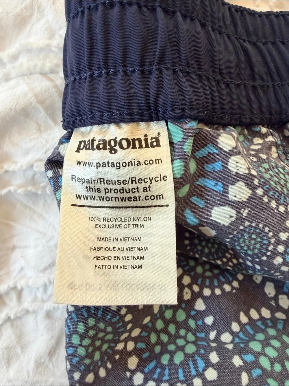 Patagonia Navy Blue Printed Girls XXL Swim Shorts with Teal Accents